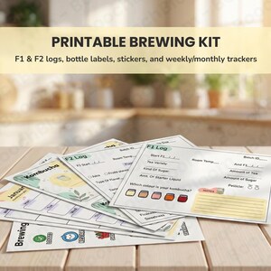 May include: A set of printable brewing kit sheets, including F1 and F2 logs, bottle labels, stickers, and weekly/monthly trackers. The sheets are white with black text and colourful illustrations, designed for home brewing enthusiasts.