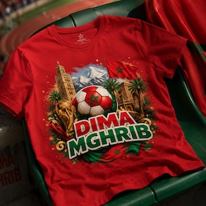 May include: Red t-shirt featuring a soccer ball with the Moroccan flag design, the text "Dima Mghrib", and other Moroccan cultural elements. The shirt has a crew neck and short sleeves.