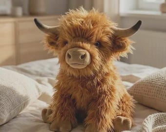 Fluffy Highland Cow Plush, Scottish Farm Stuffed Animal, Realistic Shaggy Toy