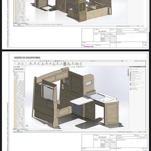 May include: Technical drawings of a camper van interior, presented in 3D. The design includes a bed, storage, and a small kitchen area with a sink and countertop. The text "DISEÑO EN SOLIDWORKS" is visible. Measurements are in cm.