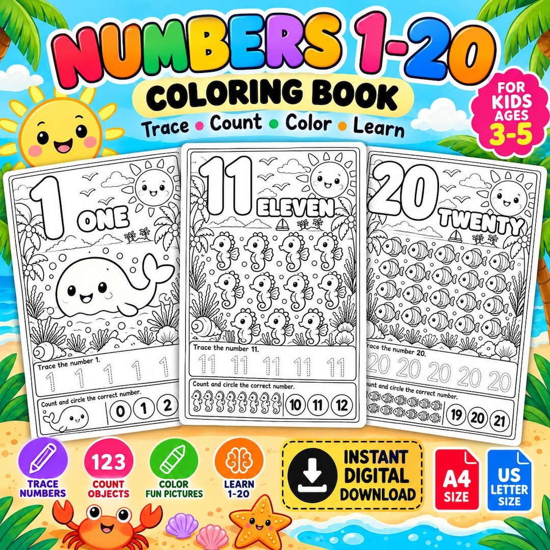 Numbers 1–20 Coloring Book for Kids Ages 3–5, Printable Number Tracing ...