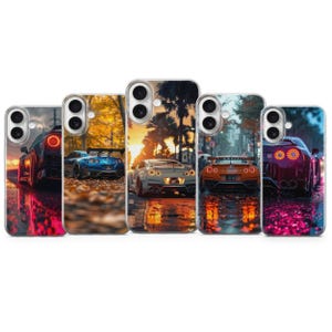 May include: Five phone cases featuring sports cars in various colors and settings. The cases showcase cars with vibrant details, including headlights and taillights, set against backgrounds of sunsets, autumn foliage, and cityscapes.