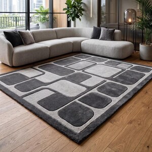 Hand Tufted Modern Geometric Grid Rug - Charcoal Grey & Light Grey Rectangular Tile Pattern Wool Area Rug for Living Room, Home Decor