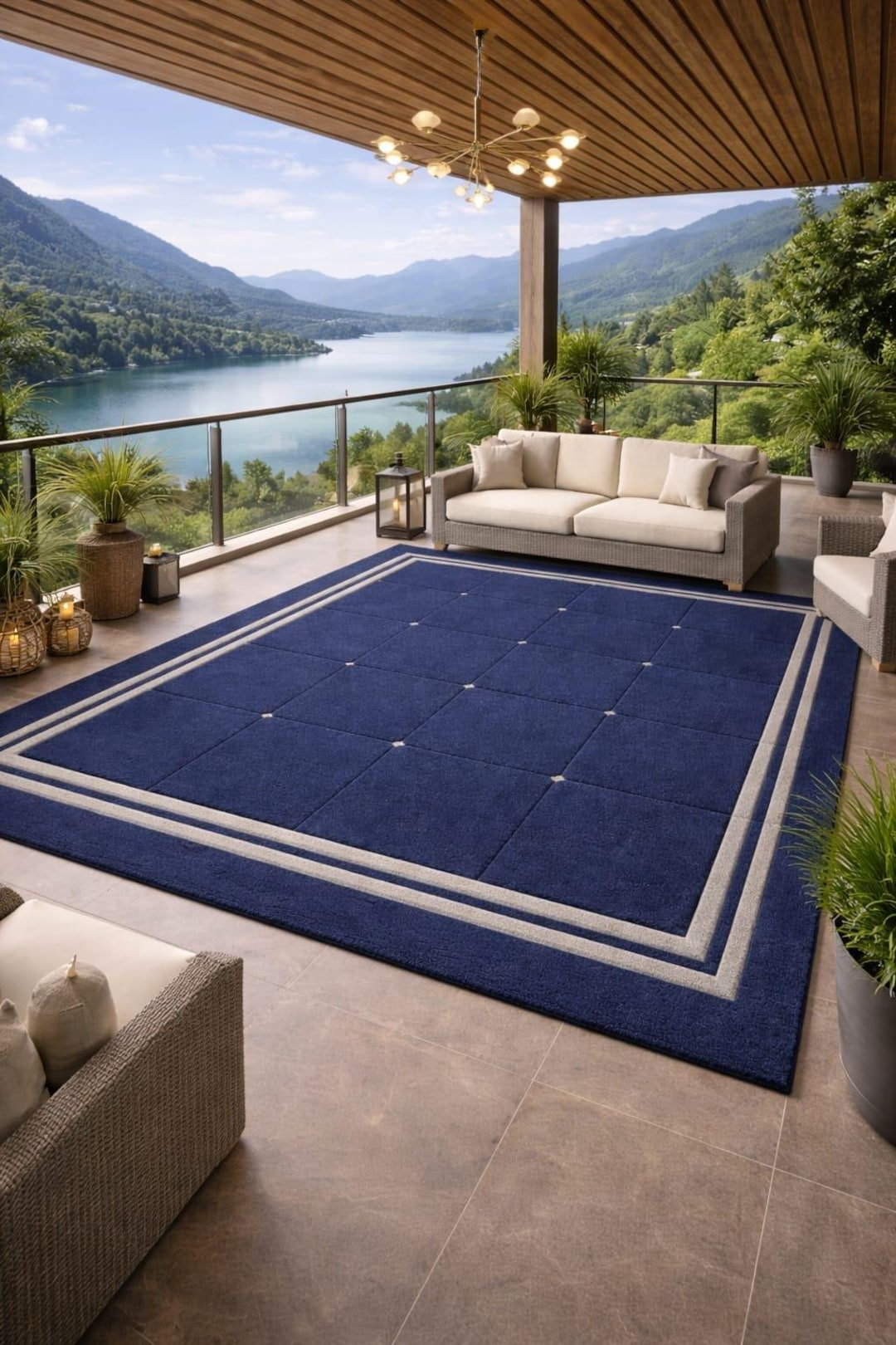 Luxury Outdoor Patio Rug, Navy Blue Geometric Rug, Modern Porch Decor ...