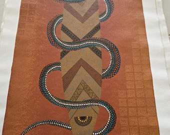 Aboriginal Snake & Shield Painting by Sam H – Victoria | Torch Program Artist | Original Hand-Painted Canvas