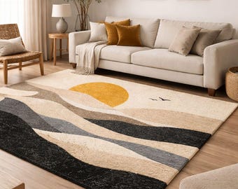 Alfombra de lana tejida a mano con diseño abstracto de paisaje, estilo moderno, 5 x 7 pies.