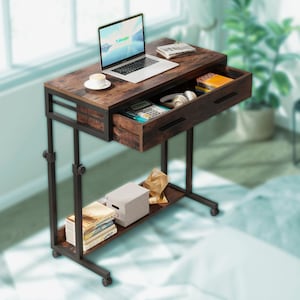 Adjustable Height Rolling Desk with Drawer, Mobile Laptop Table