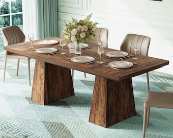 63" Thick Top Dining Table for 6 Trapezoid Leg Wood Kitchen Table