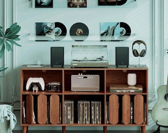 55" Vinyl Storage Cabinet with Charging Station, Mid Century Record Player Stand