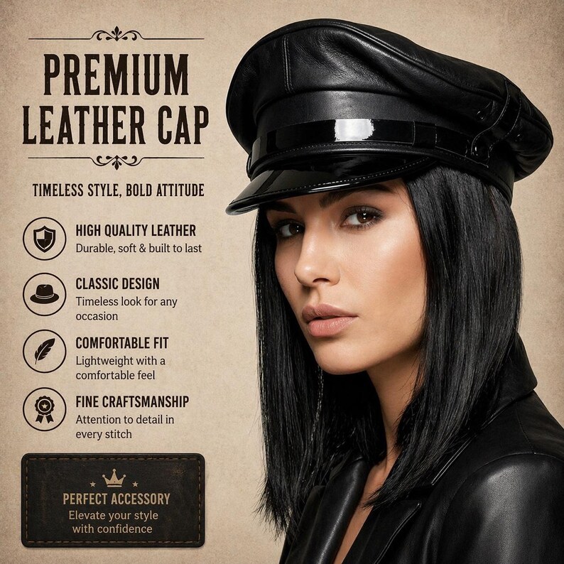 Genuine Leather Police Cap | Biker Army Style Peaked Hat | Leather ...