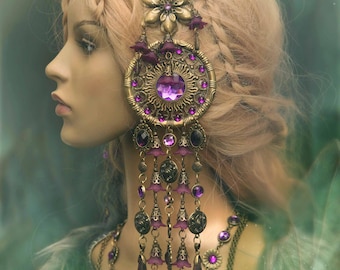 Art Nouveau Art Nouveau Mucha insp. mermaid siren headpiece tiara shells elven purple flowers fuchsia pink amethyst crystals fairy pixie
