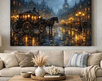 Victorian Carriage Rainy City Canvas Print Night Street Lamp Wall Art