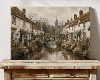 Cuadro decorativo de pared con paisaje de puente y canal en un pueblo inglés, estilo cottagecore campestre.