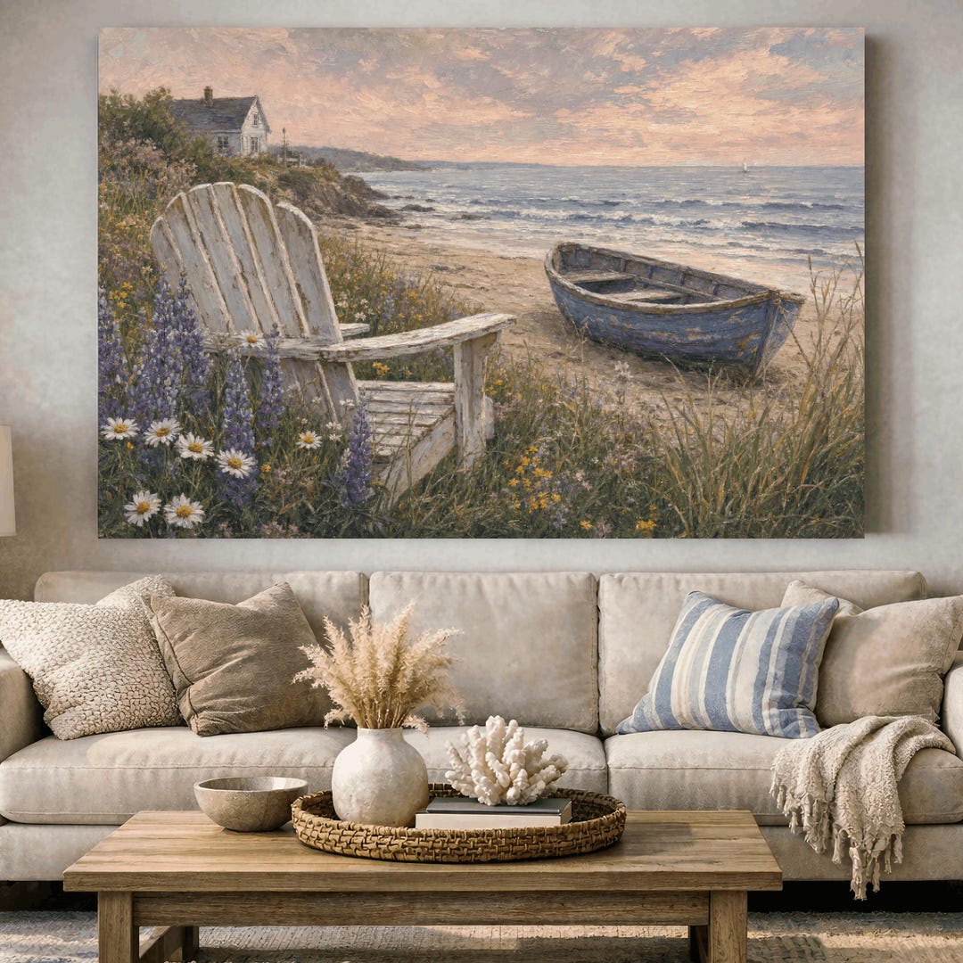 Coastal Cottage Canvas Print, Beach Wall Art, Ocean Sunset Seaside ...