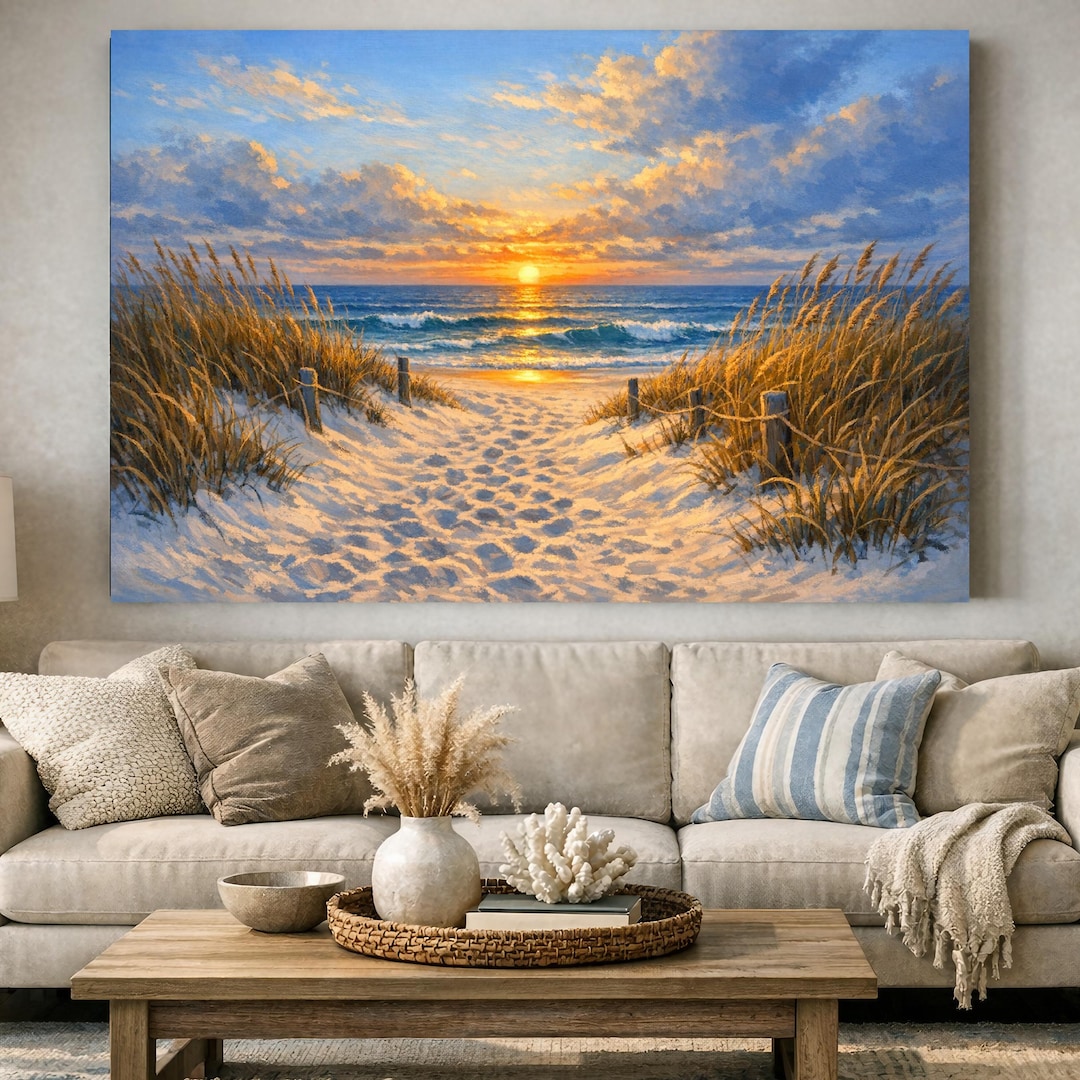 Beach Sunset Canvas Print, Coastal Path Wall Art, Ocean Dunes Seascape ...