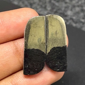 May include: Two matching semi-circular cabochons featuring a dual-tone design. The upper portion of each piece is a smooth, metallic gold-toned pyrite, while the lower section consists of a textured, matte black material with a visible grain.