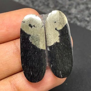 May include: Two oval-shaped cabochons featuring a dual-tone appearance with a metallic gold-colored pyrite section at the top and a textured, fibrous black stone base. The stones have a smooth, polished surface and a distinct vertical grain.
