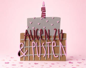 Geburtstagsdeko "Augen zu & pusten" – freistehender Aufsteller im Torten Design, moderne Deko und Geschenkidee