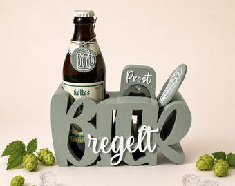 Bier regelt Geschenkset Personalisierbar | Männergeschenk | Flaschenhalter mit Untersetzer & Öffner | Geschenk für Papa, Freund, Kollegen