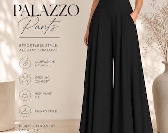 Calças Palazzo de Cintura Alta e Pernas Largas – Calças pretas elegantes e fluidas para mulheres