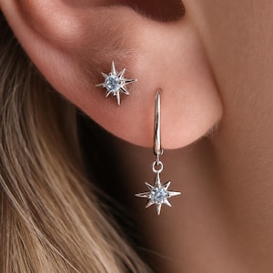 Örhängen i sterlingsilver med akvamarinstjärna, minimalistiska ringar, himmelska örhängen, smycken med födelsesten i mars