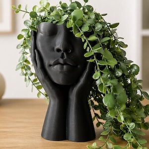 Vaso per piante grasse a forma di volto nero con mani, stile gotico, stampato in 3D, ideale per la decorazione della casa.