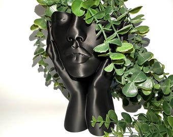 Black Face Planter with Hands - 210mm 3D Printed Modern Head Planter