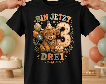 Highland Cow Children's T-Shirt for 3rd Birthday, I'm 3 Now, Birthday Shirt for Boys and Girls