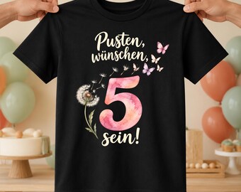 Birthday shirt for a girl's 5th birthday with butterflies and dandelion, pink watercolor number 5