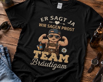 Men's Stag Party Shirt - Team Groom | He says yes, we say cheers! | Bachelor Party T-Shirt for Men | Bavarian Lederhosen Gift