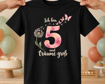5th birthday shirt for girls with butterflies and dandelions, I'm 5 and I dream big