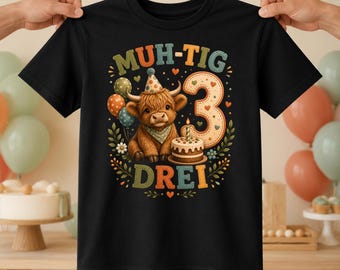 Highland Cow Children's T-Shirt for 3rd Birthday, Moo-ty Three Birthday Shirt for Boys and Girls