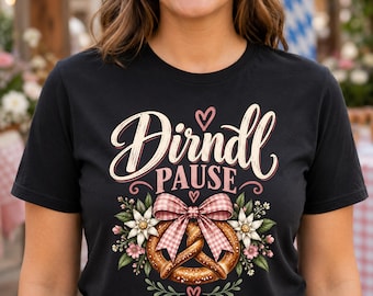 Dirndlpause women's shirt with pretzel and bow, fun dirndl alternative, traditional shirt for Oktoberfest, beer tent and beer festival