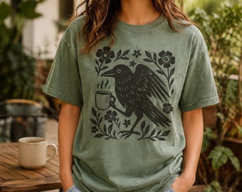 Crow Coffee Shirt, Comfort Colors Bird Lover Tee, Cottagecore Folk Art T-Shirt, Coffee Lover Gift