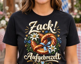 Women's Oktoberfest T-shirt with pretzel and edelweiss, fun dirndl alternative, traditional shirt for Oktoberfest and beer festivals