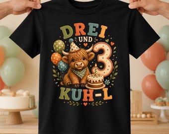 Highland Cow Children's T-Shirt for 3rd Birthday, Farm Birthday Shirt for Boys and Girls