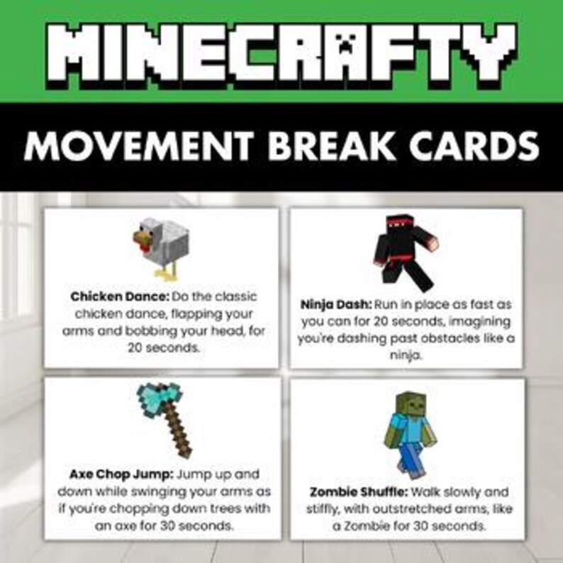 K&ouml;nnte beinhalten: Set aus vier Minecrafty Movement Break Karten. Jede Karte zeigt eine andere &Uuml;bung: Chicken Dance, Ninja Dash, Axe Chop Jump und Zombie Shuffle. Die Karten haben wei&szlig;e Hintergr&uuml;nde mit schwarzem Text und farbigen Illustrationen.