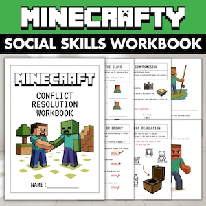 Puede incluir: Un cuaderno de trabajo de habilidades sociales con temática de Minecraft, con una portada que muestra a un personaje pixelado estrechando la mano de un zombi. Las páginas interiores incluyen actividades sobre resolución de conflictos.
