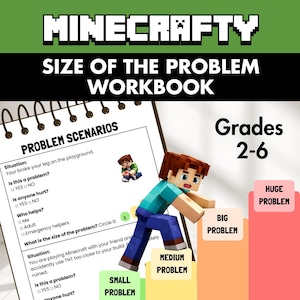 Può includere: Un quaderno di esercizi a spirale intitolato MINECRAFTY SIZE OF THE PROBLEM WORKBOOK per le classi dalla seconda alla sesta. La pagina mostra scenari di problemi con caselle di controllo e un grafico di un personaggio a blocchi su una scala.
