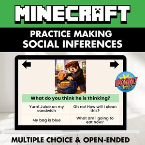Puede incluir: Una actividad de aprendizaje digital titulada MINECRAFT PRACTICE MAKING SOCIAL INFERENCES mostrada en una pantalla. El contenido presenta un personaje de Minecraft con una bebida derramada, una pregunta sobre sus pensamientos y cuatro opciones.