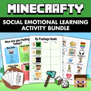 Peut inclure: Une ressource éducative numérique intitulée MINECRAFTY SOCIAL EMOTIONAL LEARNING ACTIVITY BUNDLE comprenant un tableau My Feelings Scale, un guide How are you feeling Today?, une grille de stratégies, une pioche pixelisée et des dés.