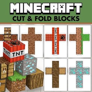 Op de afbeelding: Een verzameling Minecraft knip- en vouwblokken, waaronder TNT, diamanterts en blokken met houttextuur. De afbeelding toont de tekst "Minecraft Cut & Fold Blocks" bovenaan.