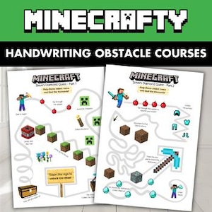 Puede incluir: Dos hojas de práctica de escritura a mano con temática de Minecraft. La hoja superior presenta un camino con un cofre, TNT y una cara de Creeper. La segunda hoja muestra un camino con diamantes y un pico. El título "Handwriting Obstacle Courses" está arriba.