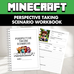 Op de afbeelding: Een spiraalgebonden Minecraft-werkboek voor perspectiefname met een witte kaft, de tekst Perspective Taking Scenarios en een afbeelding van Minecraft-personages. De binnenpagina toont een scenario met vragen over gevoelens.
