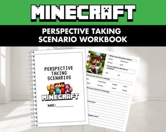 May include: A spiral-bound Minecraft perspective taking scenario workbook featuring a white cover with the text Perspective Taking Scenarios and a Minecraft character graphic. The interior page shows a scenario with questions about feelings.