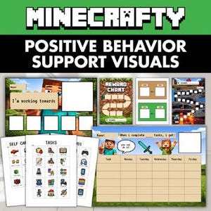 May include: A set of printable "MineCrafty" positive behaviour support visuals. The visuals include reward charts, task lists, and self-care guides. The text "MineCrafty" and "Positive Behaviour Support Visuals" are displayed at the top of the image.