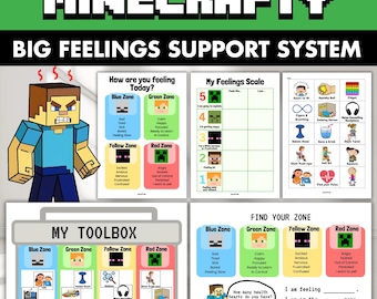 May include: A digital educational resource titled MINECRAFTY BIG FEELINGS SUPPORT SYSTEM featuring printable charts, a feelings scale, and a toolbox graphic. The pages include color-coded zones with character icons, text prompts, and coping strategies.