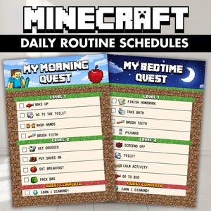 Op de afbeelding: Twee dagelijkse routineschema's in Minecraft-thema met pixelafbeeldingen. De linkerkaart is getiteld My Morning Quest met een blauwe lucht, de rechterkaart is getiteld My Bedtime Quest met een nachtelijke lucht. Beide bevatten takenlijsten.