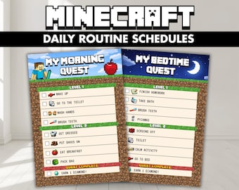 May include: Two Minecraft-themed daily routine schedules featuring pixelated graphics. The left chart is titled My Morning Quest with a blue sky, while the right chart is titled My Bedtime Quest with a night sky. Both include checklists for tasks.