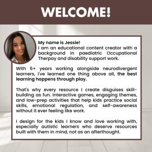 May include: A rectangular informational graphic with a brown header reading WELCOME! and a circular portrait of a person. The text introduces Jessie, an educational content creator with a background in pediatric occupational therapy and disability support.